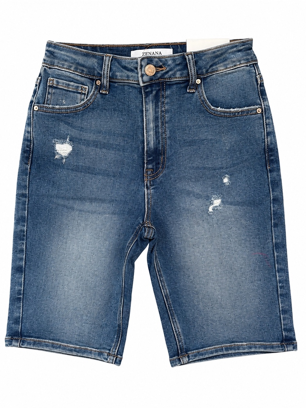 Zenana Outfitters Women’s Blue Distressed Bermuda Denim Shorts